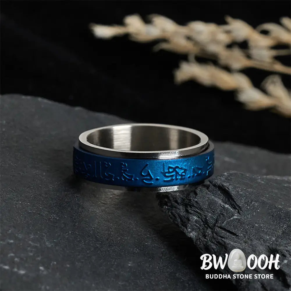 Buddha Stones Tibetan Scriptures Blue Pharmacist Mantra Titanium Steel Spinner Balance Ring - Ring