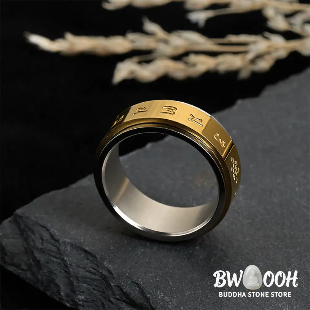 Buddha Stones Tibetan Scriptures Om Mani Padme Hum Titanium Steel Peace Ring - Ring
