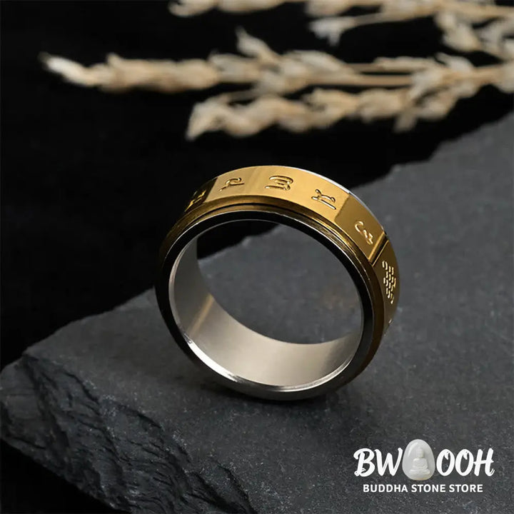 Buddha Stones Tibetan Scriptures Om Mani Padme Hum Titanium Steel Peace Ring - Ring