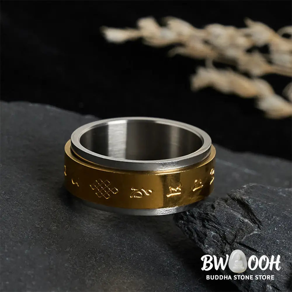 Buddha Stones Tibetan Scriptures Om Mani Padme Hum Titanium Steel Peace Ring - Ring