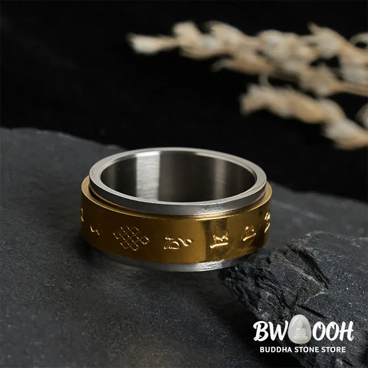 Buddha Stones Tibetan Scriptures Om Mani Padme Hum Titanium Steel Peace Ring - Ring
