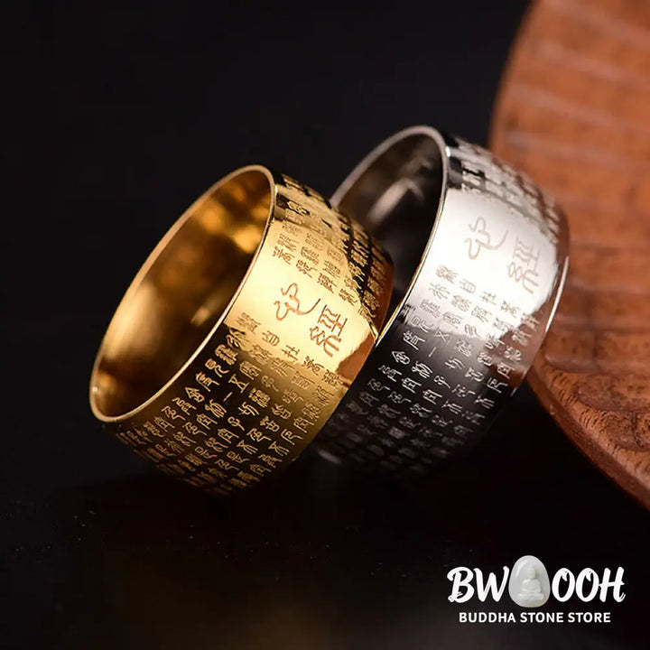Buddha Stones Tibetan Seal Heart Sutra Titanium Steel Balance Ring - Ring
