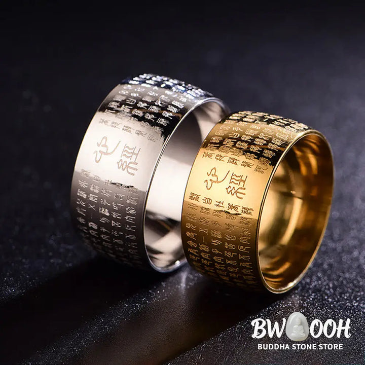 Buddha Stones Tibetan Seal Heart Sutra Titanium Steel Balance Ring - Ring