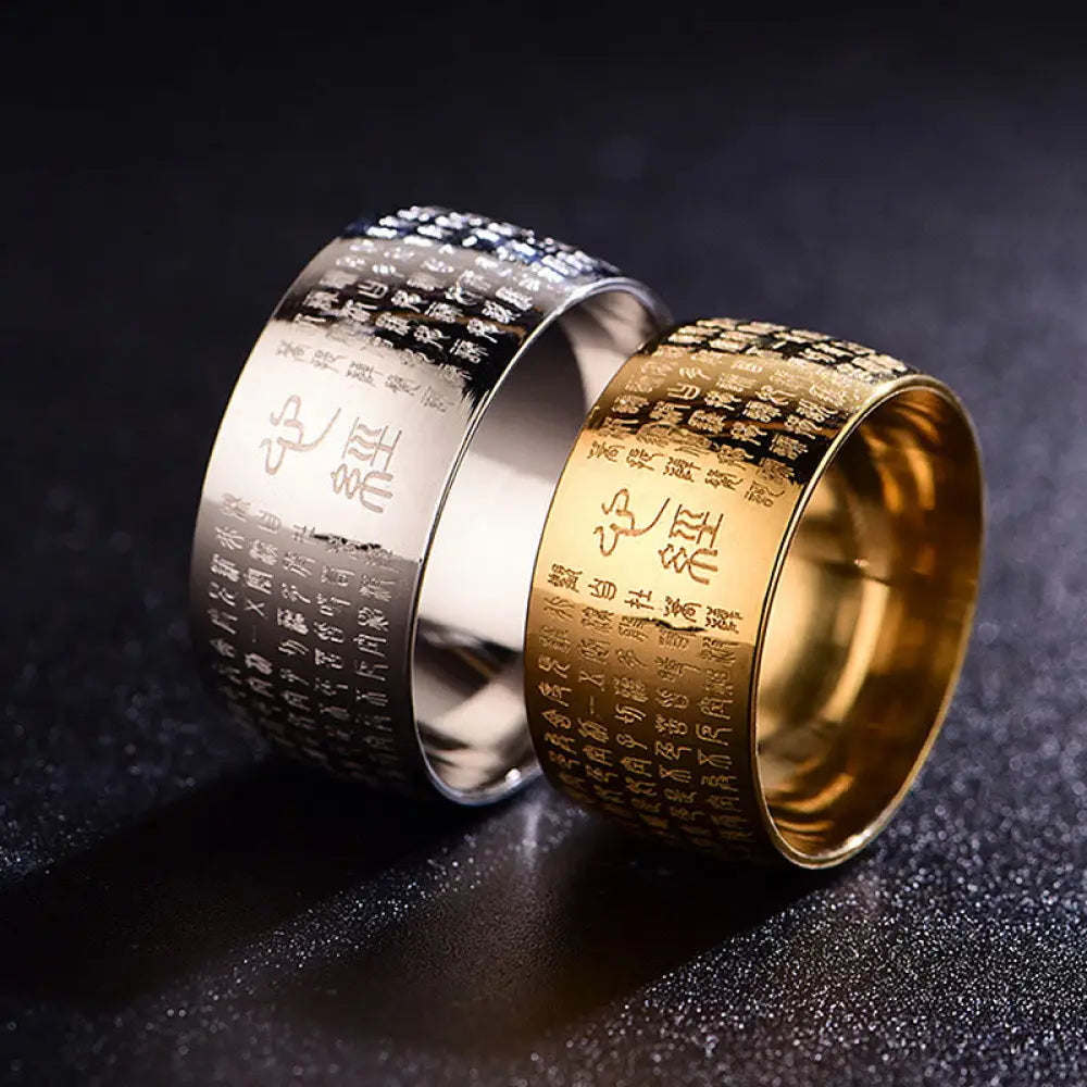 BWOOOH Tibetan Seal Heart Sutra Titanium Steel Balance Ring — natural stone Tibetan bracelet for spiritual healing and min...
