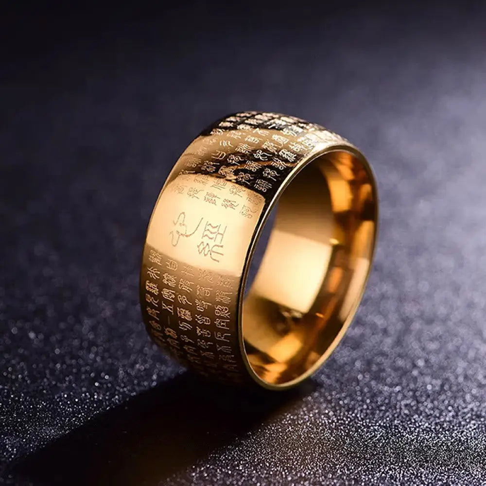 Buddha Stones Tibetan Seal Heart Sutra Titanium Steel Balance Ring - Golden / US6 - Ring