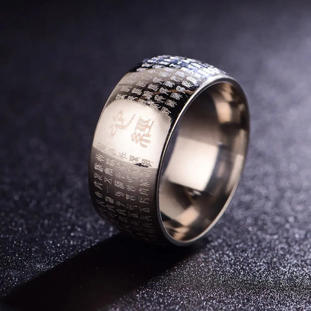 Buddha Stones Tibetan Seal Heart Sutra Titanium Steel Balance Ring - Silvery / US6 - Ring