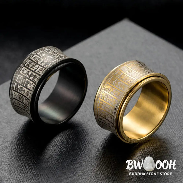 Buddha Stones Tibetan Seal Script Golden Light Mantra Titanium Steel Spinner Balance Ring - Ring