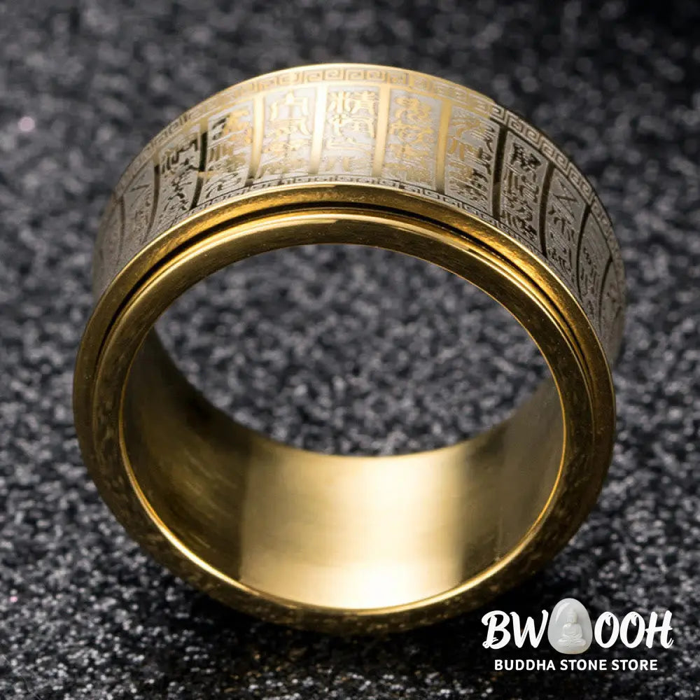 Buddha Stones Tibetan Seal Script Golden Light Mantra Titanium Steel Spinner Balance Ring - Ring