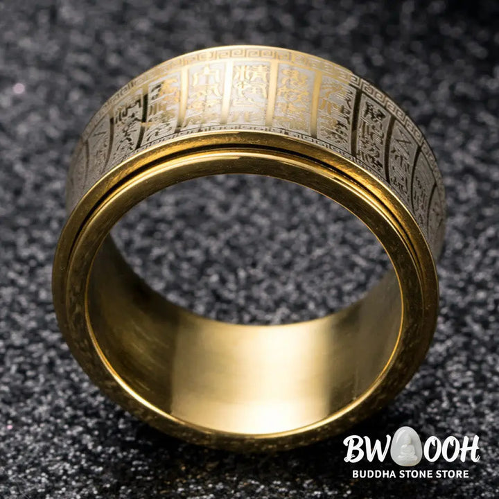 Buddha Stones Tibetan Seal Script Golden Light Mantra Titanium Steel Spinner Balance Ring - Ring