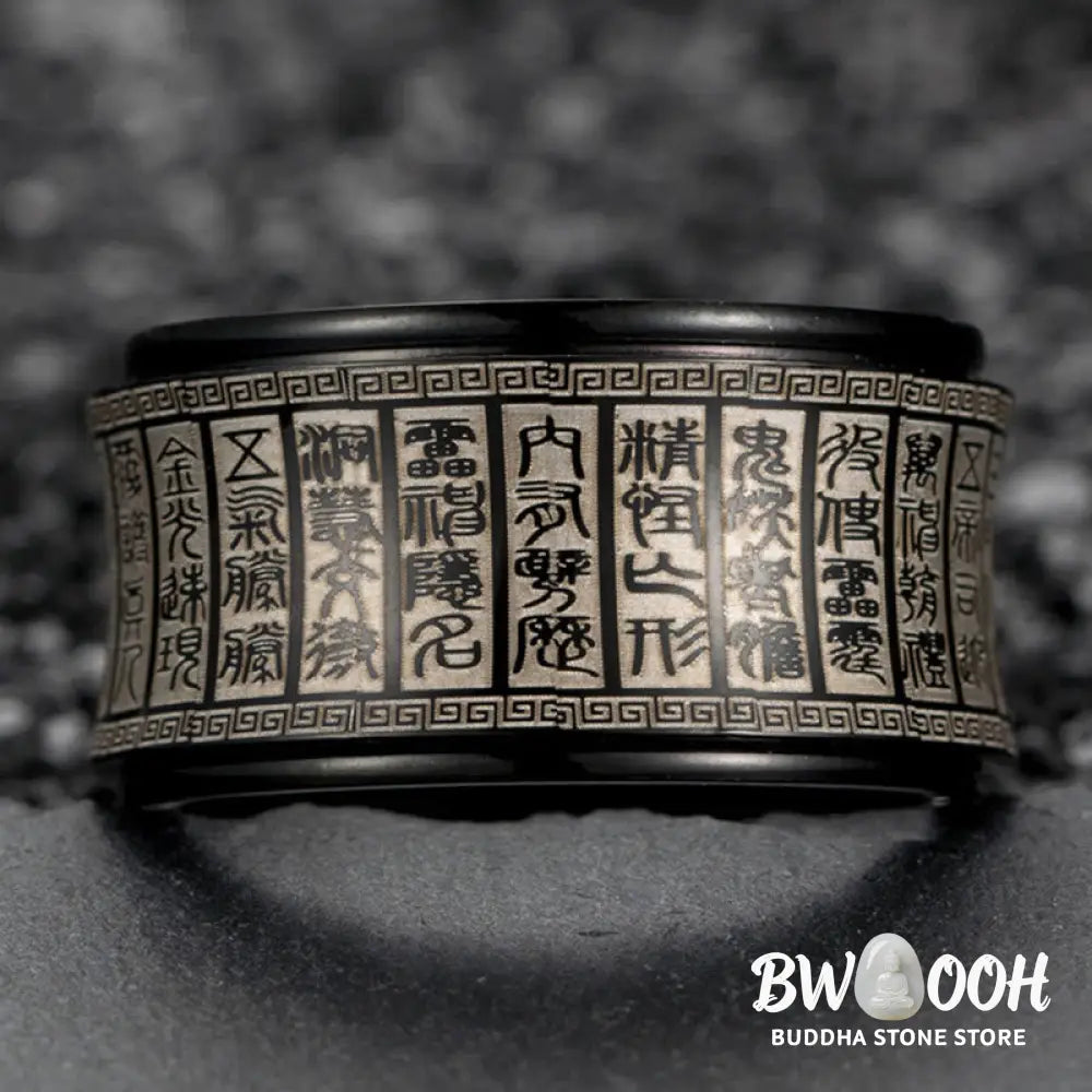 Buddha Stones Tibetan Seal Script Golden Light Mantra Titanium Steel Spinner Balance Ring - Ring