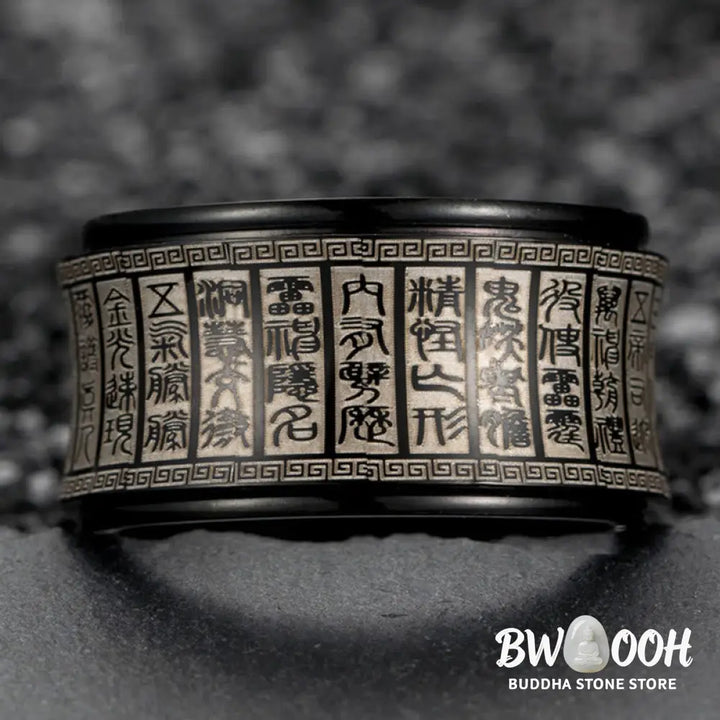 Buddha Stones Tibetan Seal Script Golden Light Mantra Titanium Steel Spinner Balance Ring - Ring