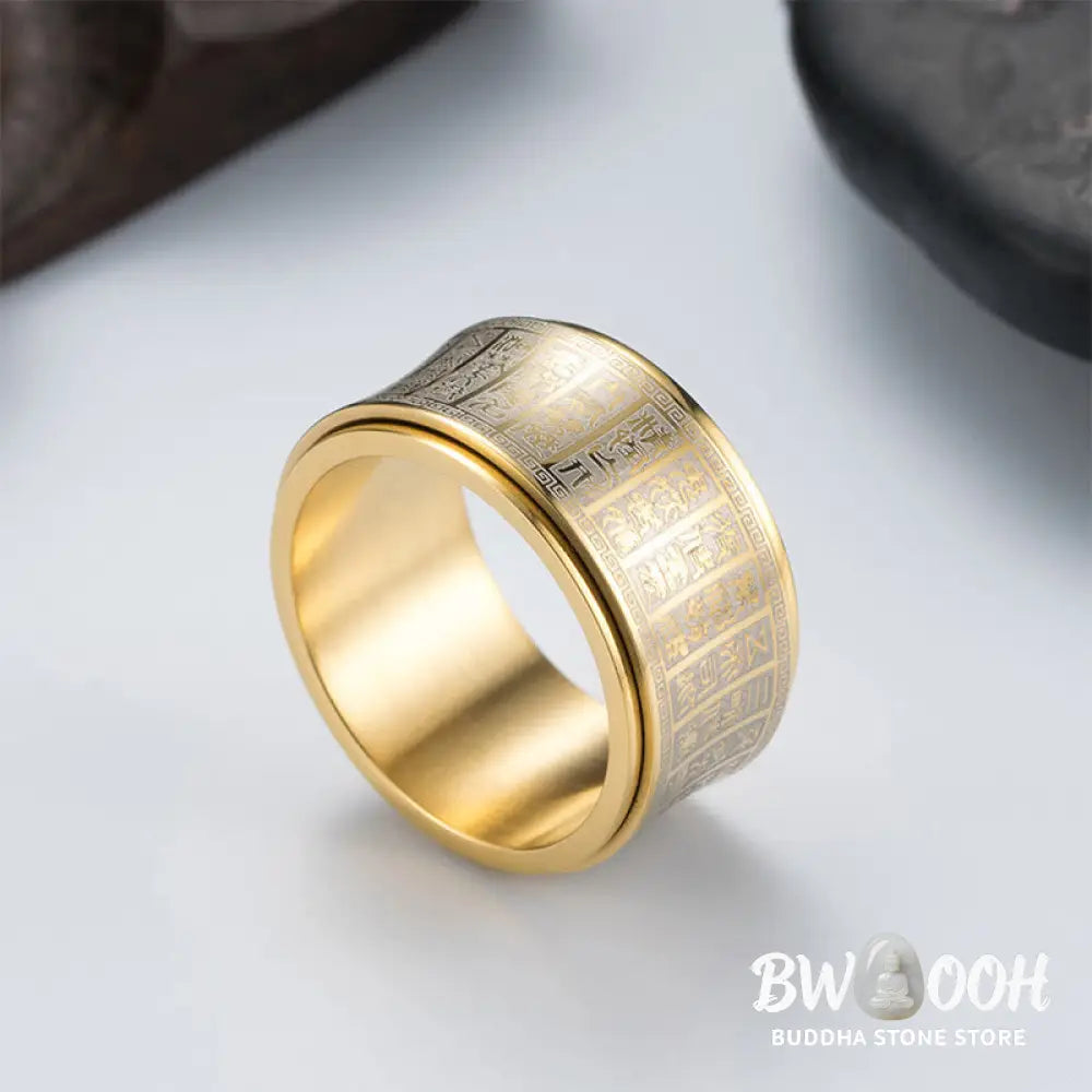 Buddha Stones Tibetan Seal Script Golden Light Mantra Titanium Steel Spinner Balance Ring - Ring