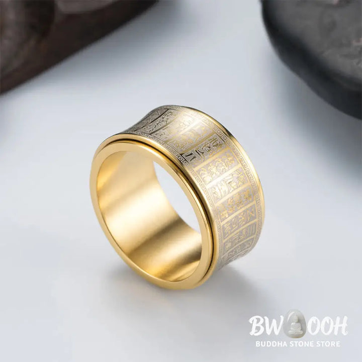 Buddha Stones Tibetan Seal Script Golden Light Mantra Titanium Steel Spinner Balance Ring - Ring