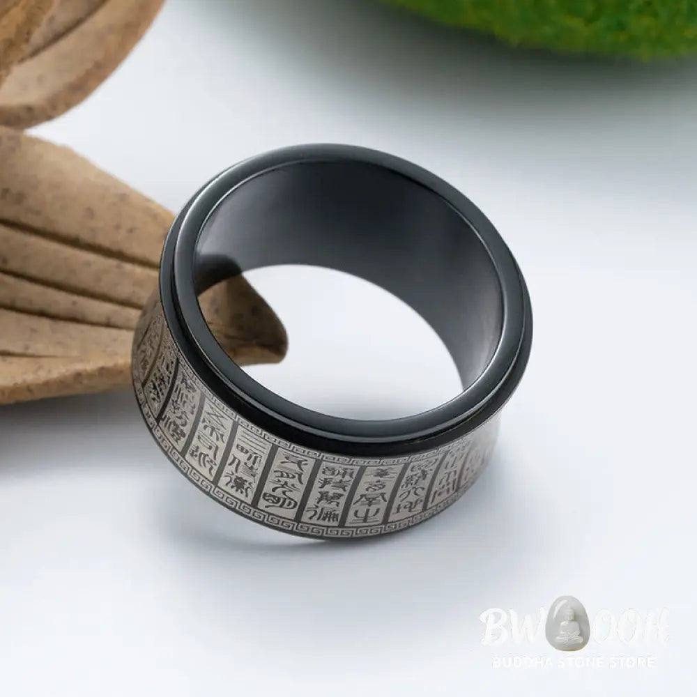 Buddha Stones Tibetan Seal Script Golden Light Mantra Titanium Steel Spinner Balance Ring - Ring