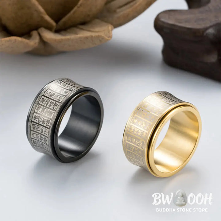 Buddha Stones Tibetan Seal Script Golden Light Mantra Titanium Steel Spinner Balance Ring - Ring