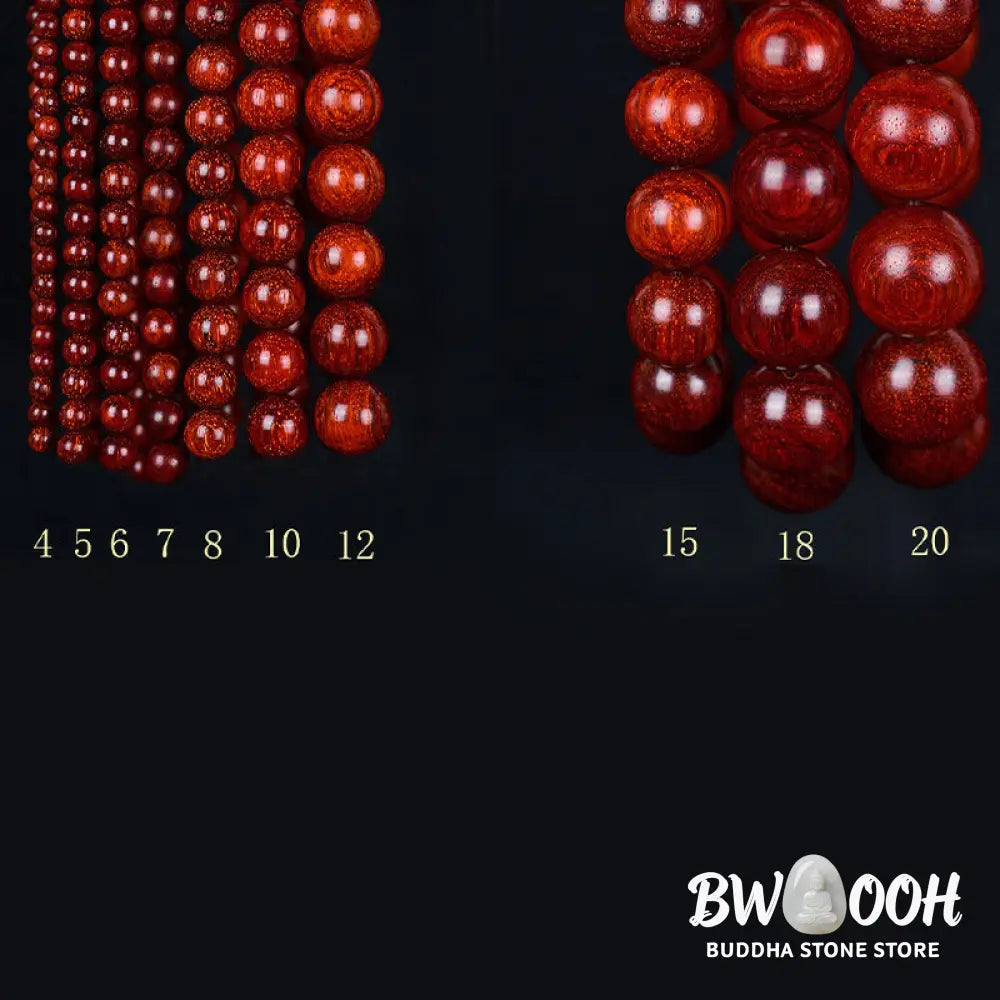 BWOOOH Tibetan Small Leaf Red Sandalwood Balance Bracelet, 108 beads, close-up. Polished dark red wood beads with subtle grain, evoking spiritual protection and calm. - View 12