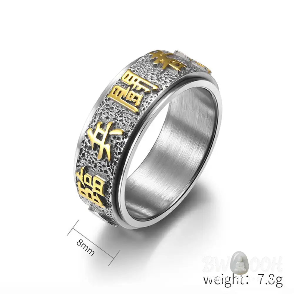 Buddha Stones Tibetan The Nine-word Mantra Yin Yang Pattern Titanium Steel Spinner Balance Ring - Ring