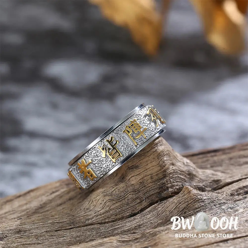 Buddha Stones Tibetan The Nine-word Mantra Yin Yang Pattern Titanium Steel Spinner Balance Ring - Ring