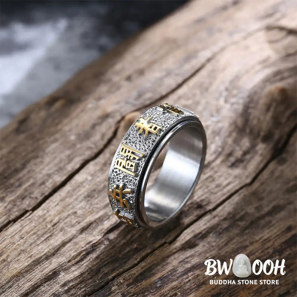 Buddha Stones Tibetan The Nine-word Mantra Yin Yang Pattern Titanium Steel Spinner Balance Ring - Ring