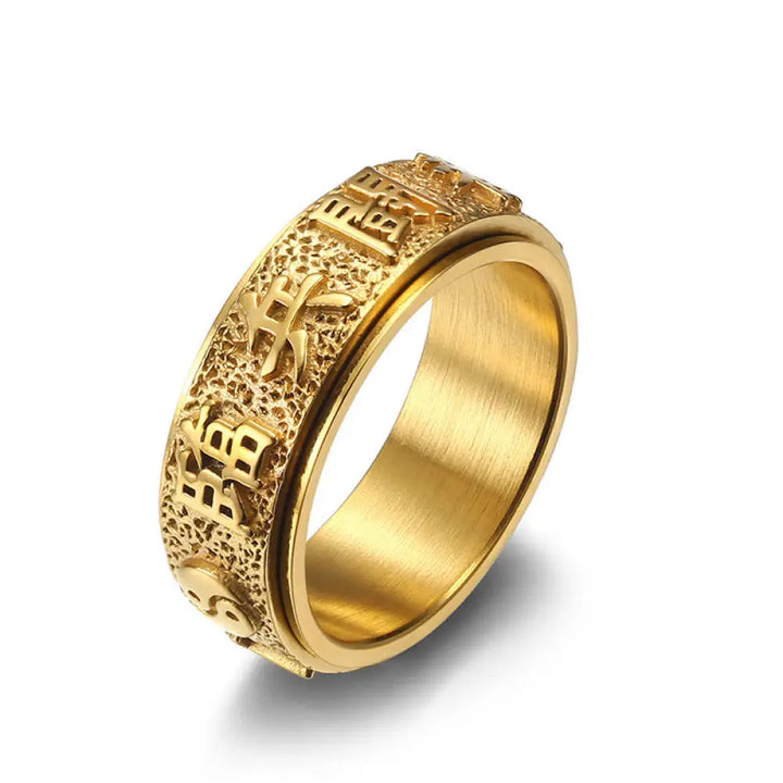 Buddha Stones Tibetan The Nine-word Mantra Yin Yang Pattern Titanium Steel Spinner Balance Ring - Golden / US7 - Ring