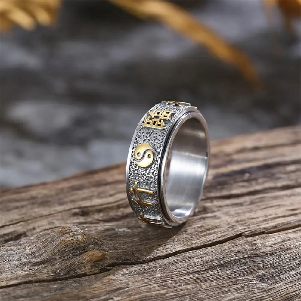 BWOOOH Tibetan The Nine-word Mantra Yin Yang Pattern Titanium Steel Spinner Balance Ring — natural stone Tibetan bracelet ...