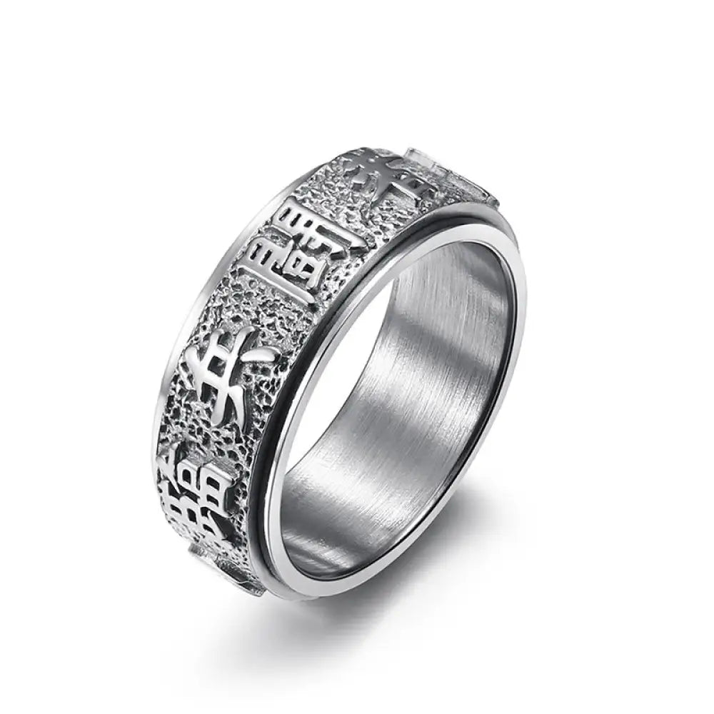 Buddha Stones Tibetan The Nine-word Mantra Yin Yang Pattern Titanium Steel Spinner Balance Ring - Silvery / US7 - Ring