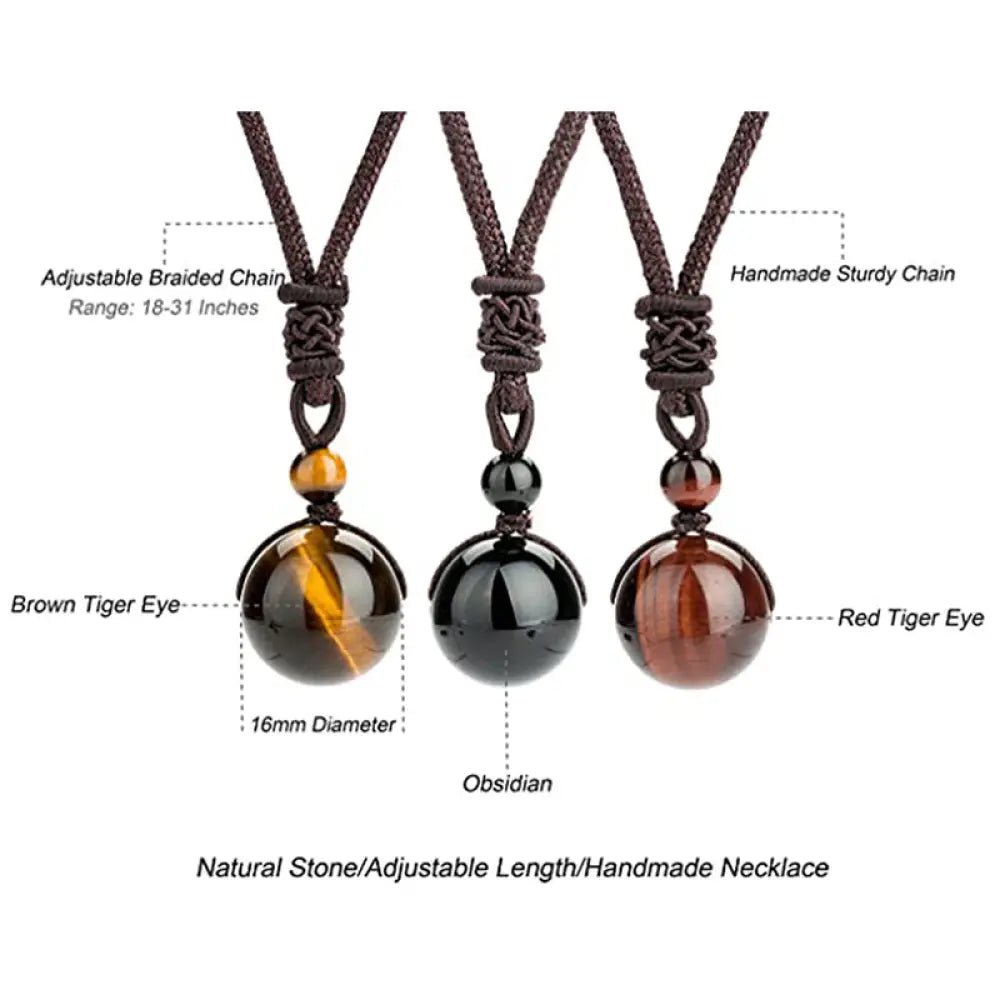 BWOOOH Tibetan Protection Necklace featuring 16mm Tiger's Eye, Obsidian, and Amethyst beads (66cm length), crafted for spiritual courage, grounding, and warding off negative energy. - View 2