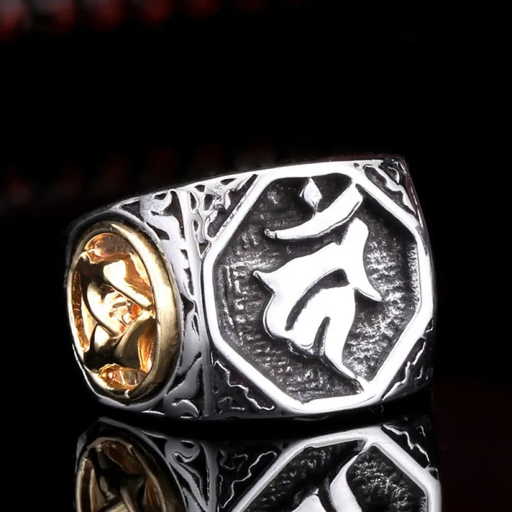 BWOOOH Tibetan Titanium Steel Greeting Hand Sword Sign Sanskrit Balance Ring — natural stone Tibetan bracelet for spiritua...