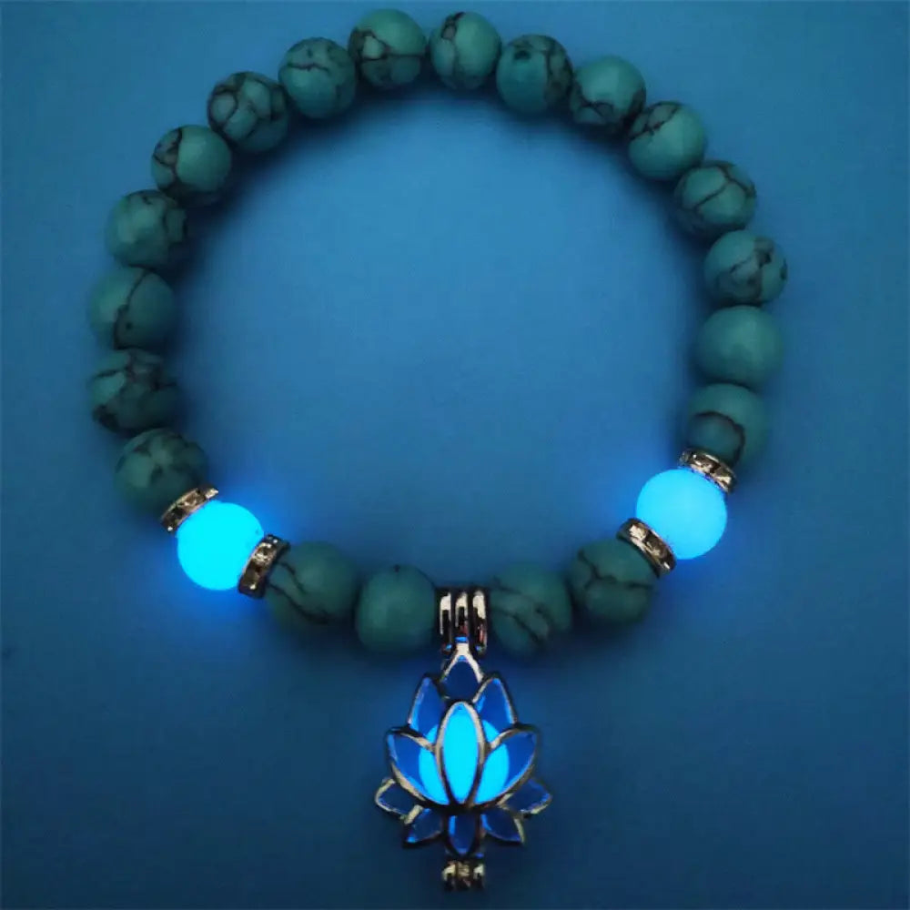 Buddha Stones Tibetan Turquoise Glowstone Luminous Bead Lotus Protection Bracelet - BWOOOH - Blue Turquoise&amp;Blue