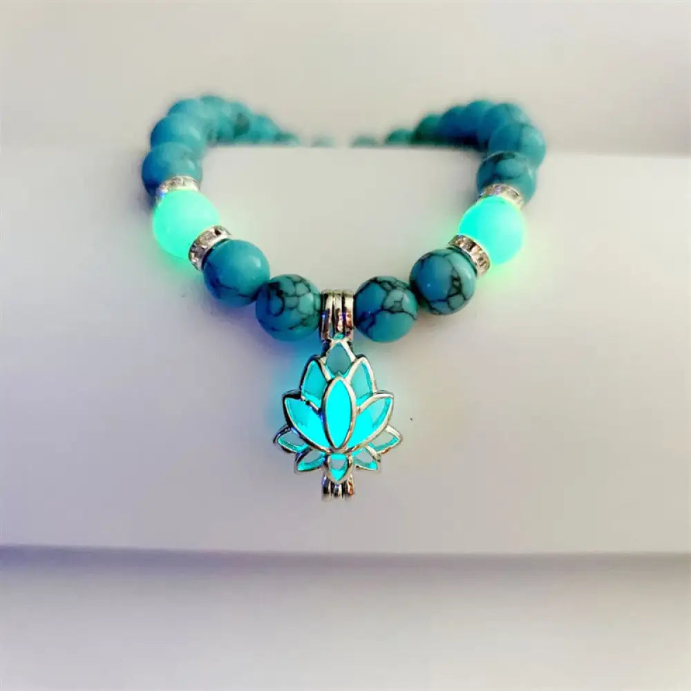 Buddha Stones Tibetan Turquoise Glowstone Luminous Bead Lotus Protection Bracelet - BWOOOH - Blue Turquoise Green Light