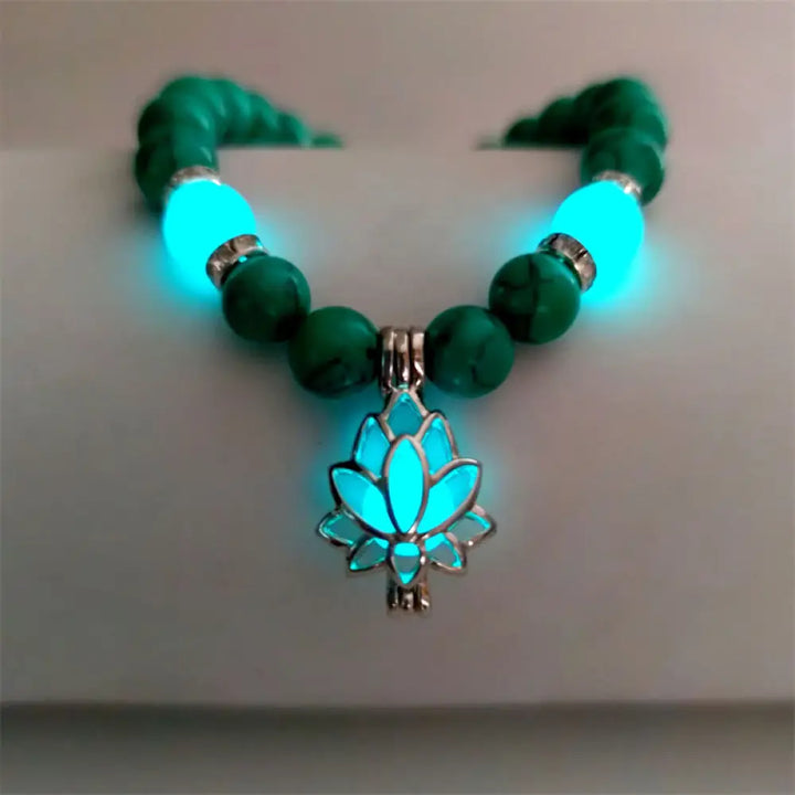 Buddha Stones Tibetan Turquoise Glowstone Luminous Bead Lotus Protection Bracelet - BWOOOH - Turquoise Blue-Green Light