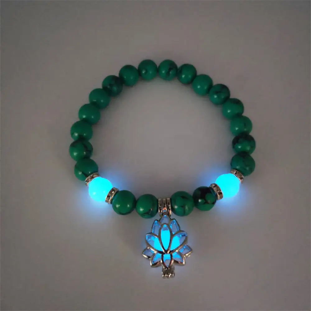 Buddha Stones Tibetan Turquoise Glowstone Luminous Bead Lotus Protection Bracelet - BWOOOH - Turquoise Blue Light