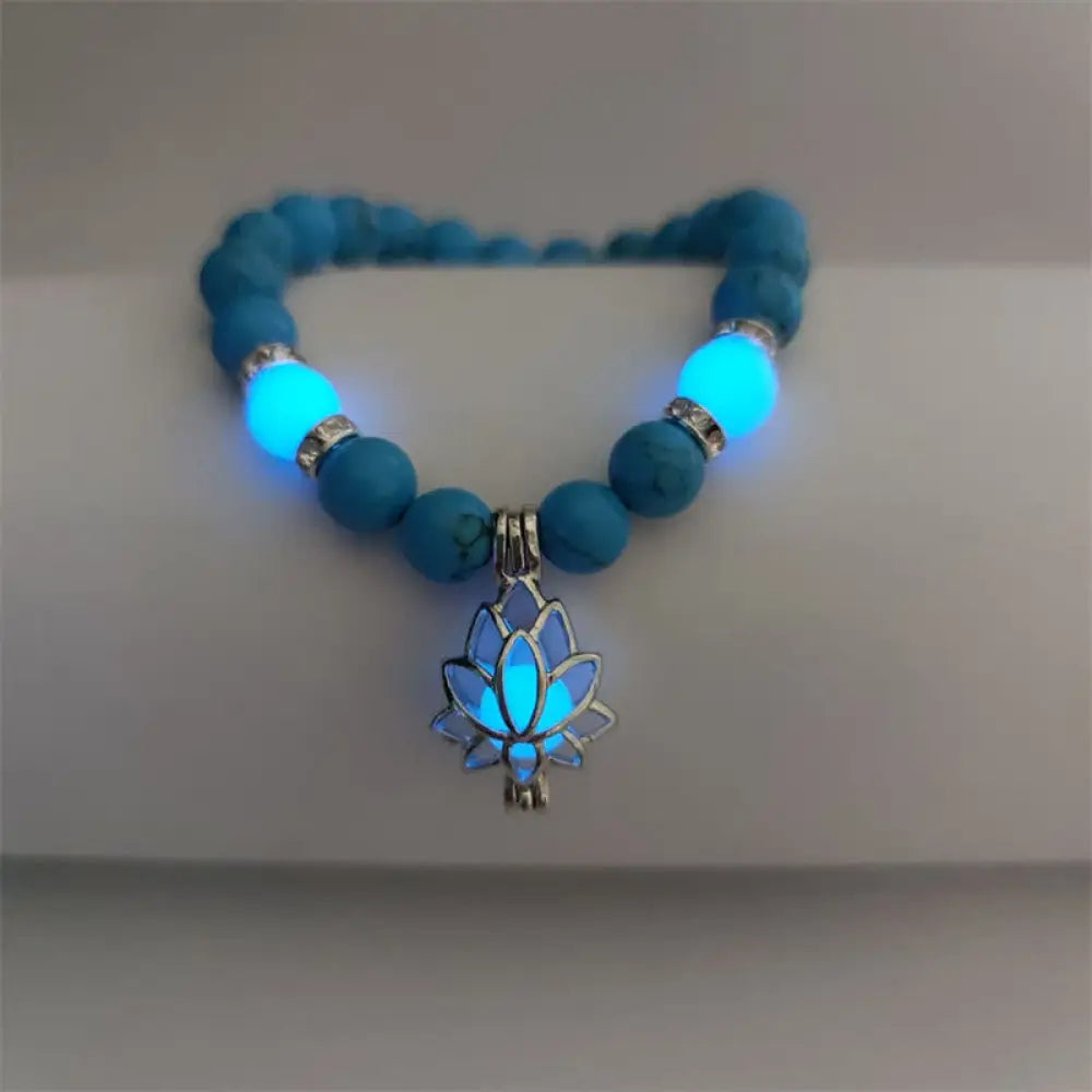 Buddha Stones Tibetan Turquoise Glowstone Luminous Bead Lotus Protection Bracelet - BWOOOH - Dark Blue Turquoise Green