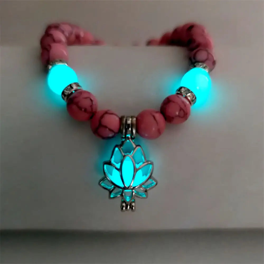 Buddha Stones Tibetan Turquoise Glowstone Luminous Bead Lotus Protection Bracelet - BWOOOH - Pink Turquoise Blue-Green