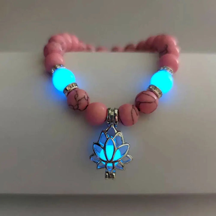 Buddha Stones Tibetan Turquoise Glowstone Luminous Bead Lotus Protection Bracelet - BWOOOH - Pink Turquoise Blue Light