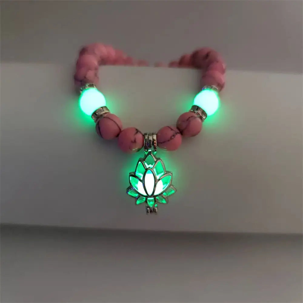 Buddha Stones Tibetan Turquoise Glowstone Luminous Bead Lotus Protection Bracelet - BWOOOH - Pink Turquoise Green Light