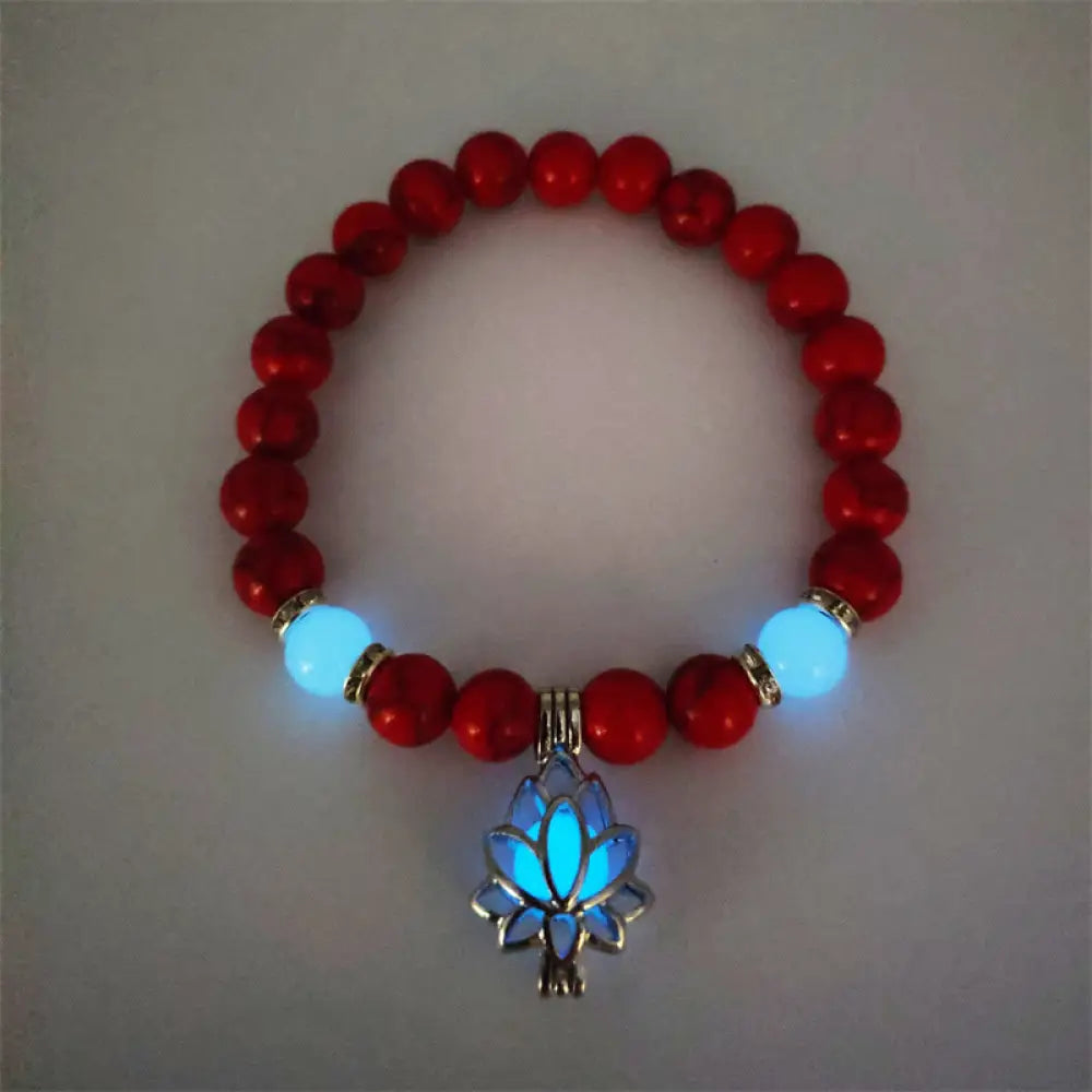 Buddha Stones Tibetan Turquoise Glowstone Luminous Bead Lotus Protection Bracelet - BWOOOH - Red Turquoise Blue Light