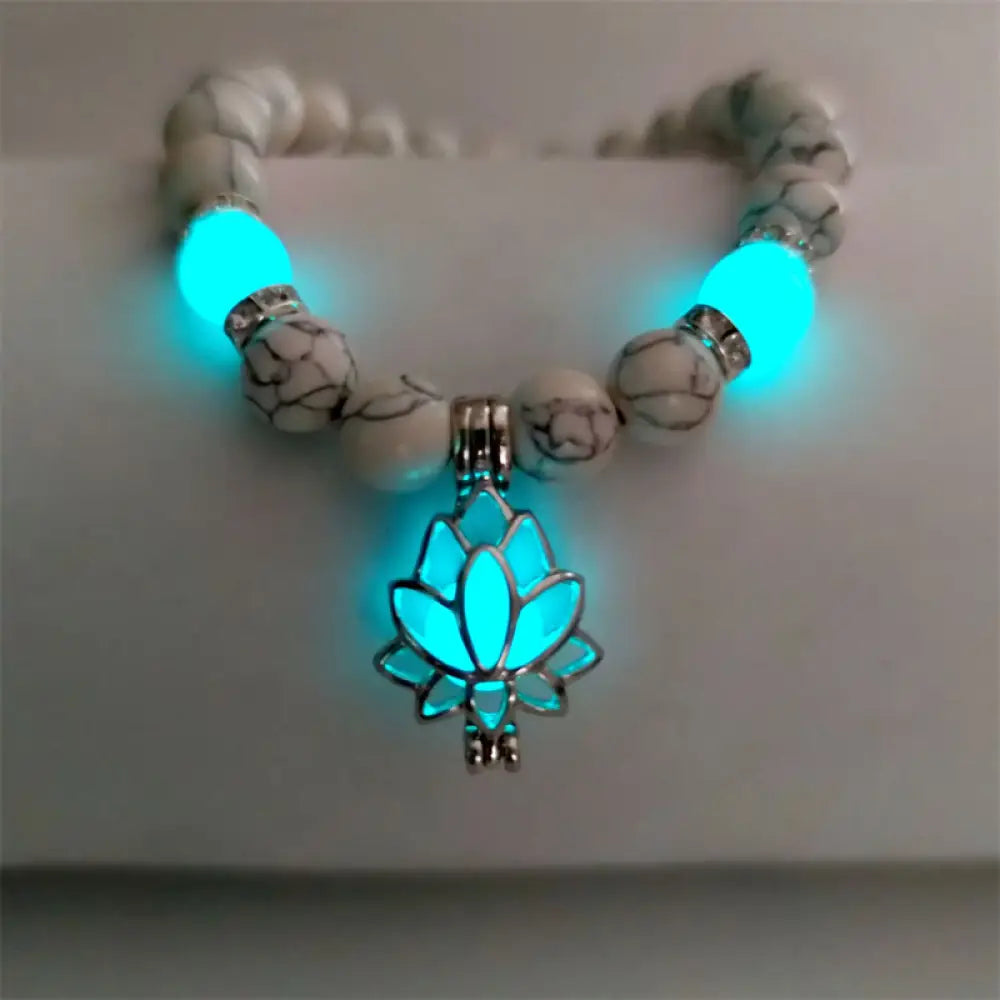 Buddha Stones Tibetan Turquoise Glowstone Luminous Bead Lotus Protection Bracelet - BWOOOH - White Turquoise Blue-Green