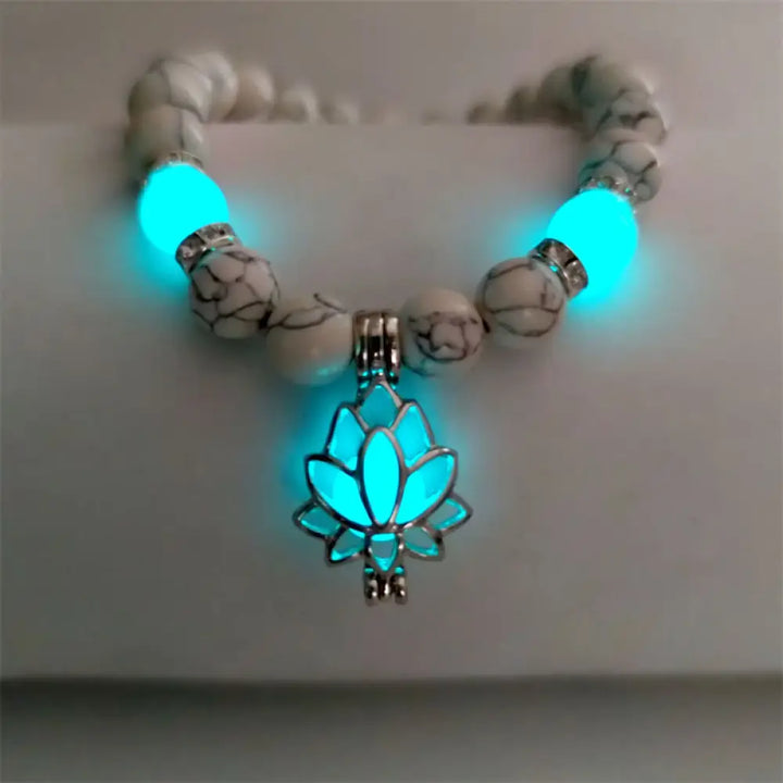Buddha Stones Tibetan Turquoise Glowstone Luminous Bead Lotus Protection Bracelet - BWOOOH - White Turquoise Blue-Green