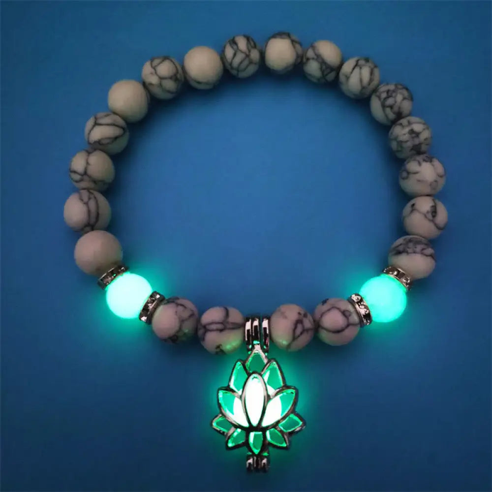 Buddha Stones Tibetan Turquoise Glowstone Luminous Bead Lotus Protection Bracelet - BWOOOH - White Turquoise&amp;Green