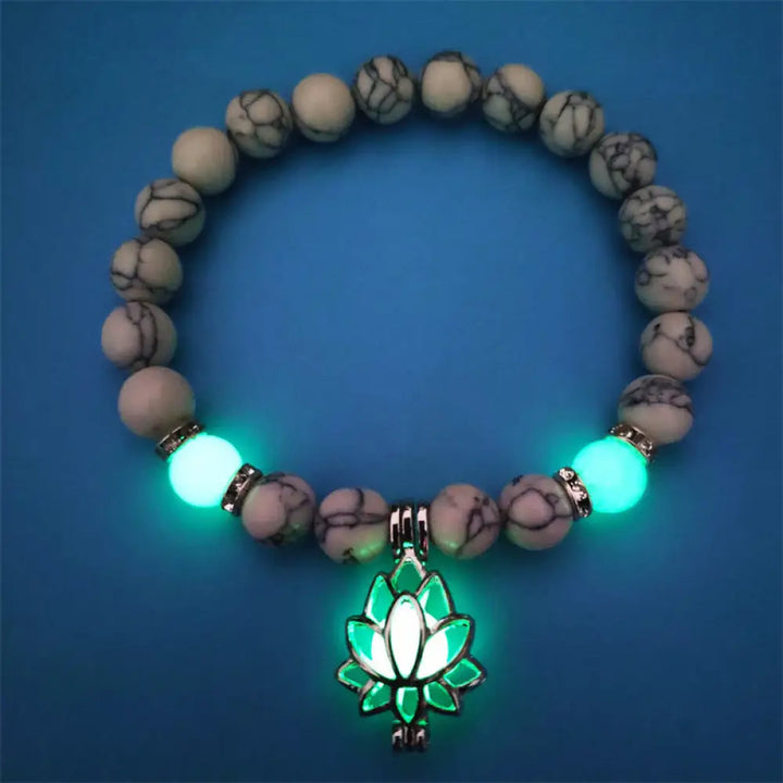 Buddha Stones Tibetan Turquoise Glowstone Luminous Bead Lotus Protection Bracelet - BWOOOH - White Turquoise&amp;Green