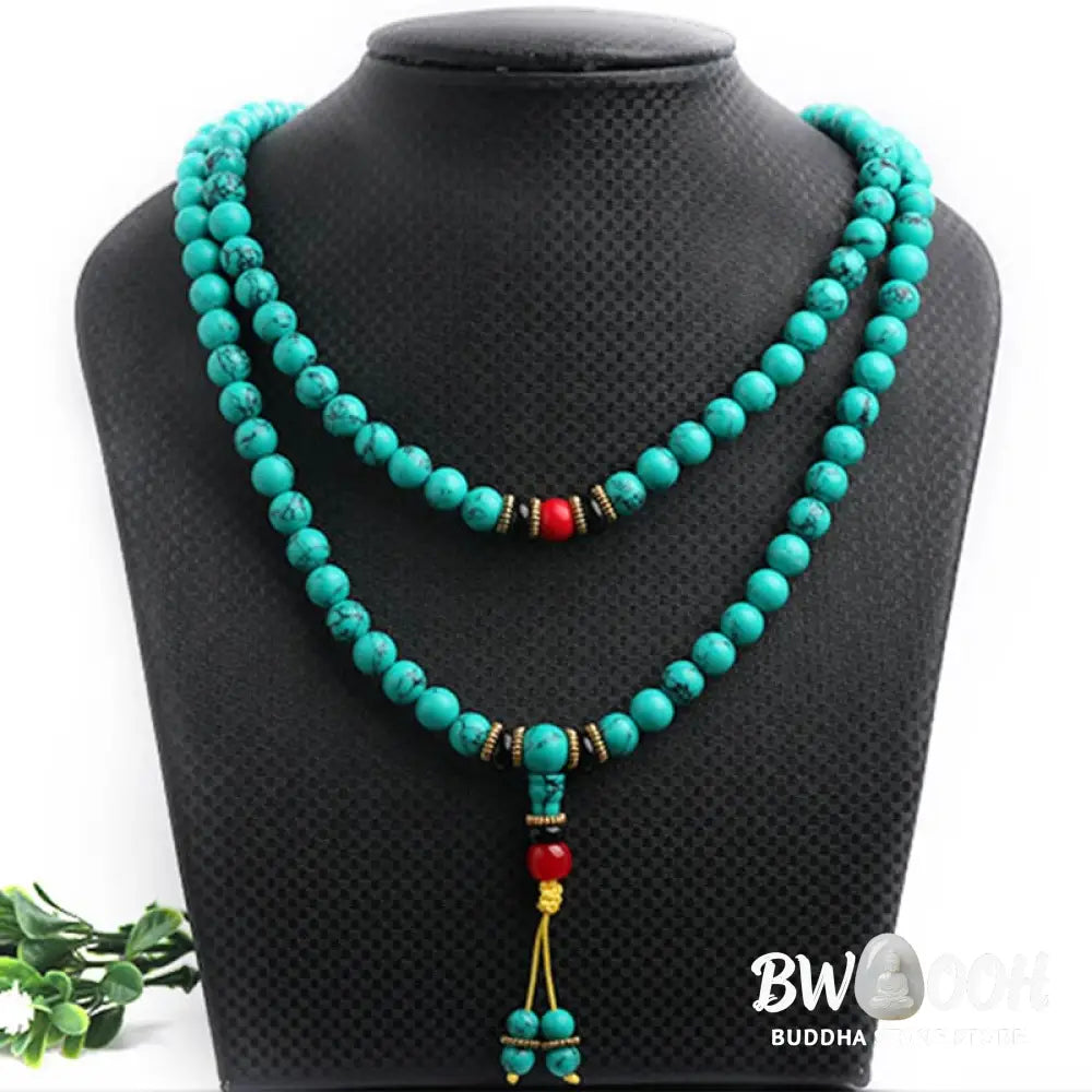 BWOOOH Tibetan Turquoise Healing Mala Bracelet with 108 polished 6mm/8mm Turquoise, Black Onyx, Red Agate, and Copper beads, featuring a Buddha charm. Sacred amulet for protection and inner peace. - View 12