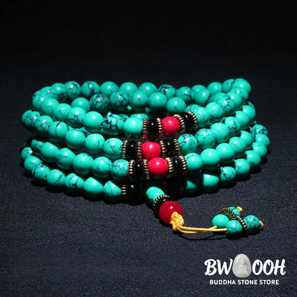 BWOOOH Tibetan Turquoise Healing Mala Bracelet with 108 polished 6mm/8mm Turquoise, Black Onyx, Red Agate, and Copper beads, featuring a Buddha charm. Sacred amulet for protection and inner peace. - View 6