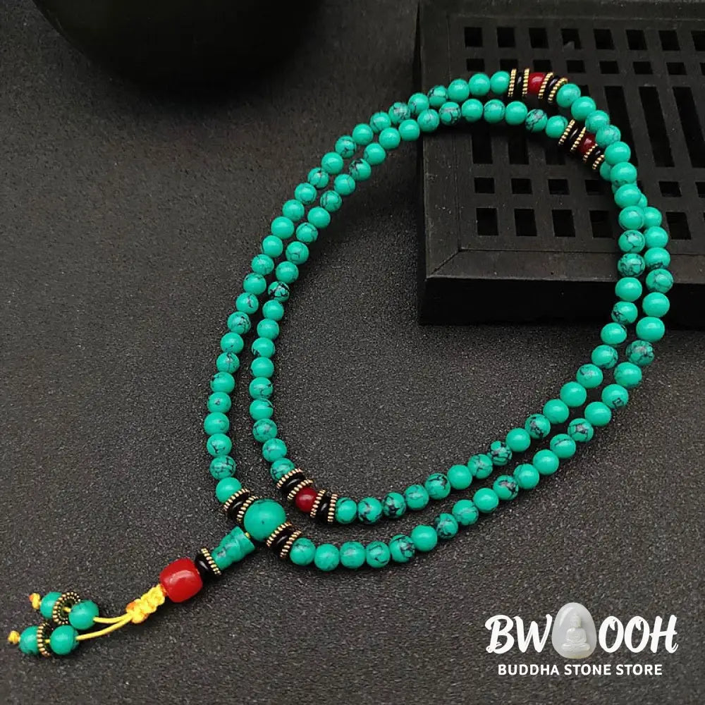 BWOOOH Tibetan Turquoise Healing Mala Bracelet with 108 polished 6mm/8mm Turquoise, Black Onyx, Red Agate, and Copper beads, featuring a Buddha charm. Sacred amulet for protection and inner peace. - View 11