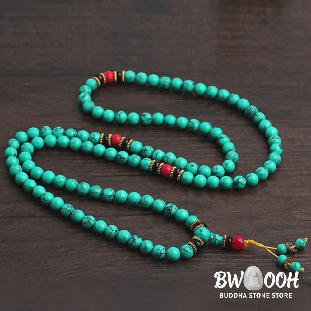 BWOOOH Tibetan Turquoise Healing Mala Bracelet with 108 polished 6mm/8mm Turquoise, Black Onyx, Red Agate, and Copper beads, featuring a Buddha charm. Sacred amulet for protection and inner peace. - View 10
