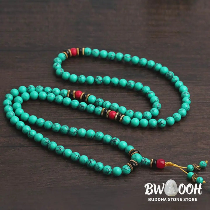 BWOOOH Tibetan Turquoise Healing Mala Bracelet with 108 polished 6mm/8mm Turquoise, Black Onyx, Red Agate, and Copper beads, featuring a Buddha charm. Sacred amulet for protection and inner peace. - View 10