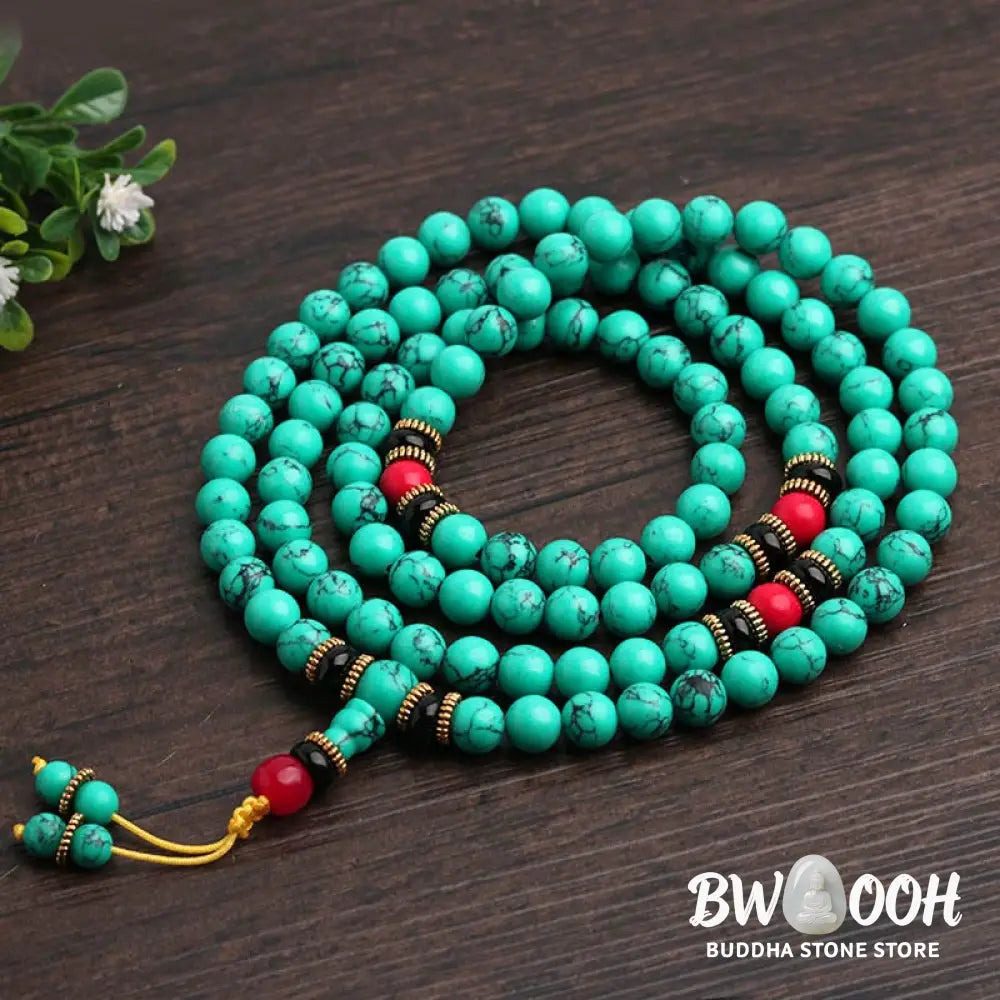 BWOOOH Tibetan Turquoise Healing Mala Bracelet with 108 polished 6mm/8mm Turquoise, Black Onyx, Red Agate, and Copper beads, featuring a Buddha charm. Sacred amulet for protection and inner peace. - View 9