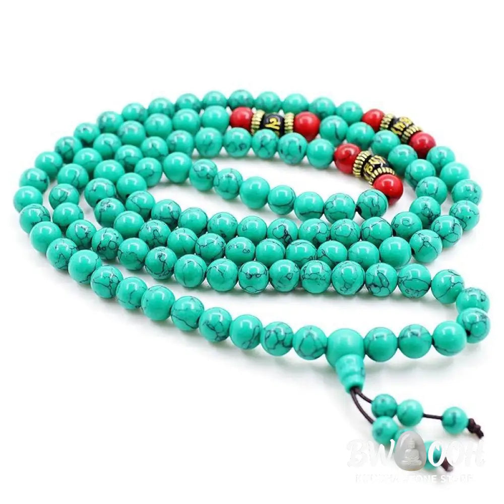 Close-up of a BWOOOH Tibetan Turquoise Purification Necklace Mala, featuring 8mm beads of vibrant blue turquoise, deep black onyx, rich red agate, and polished copper, strung as a 108-bead mala. The intricate details highlight its craftsmanship and spiritual significance. - View 2