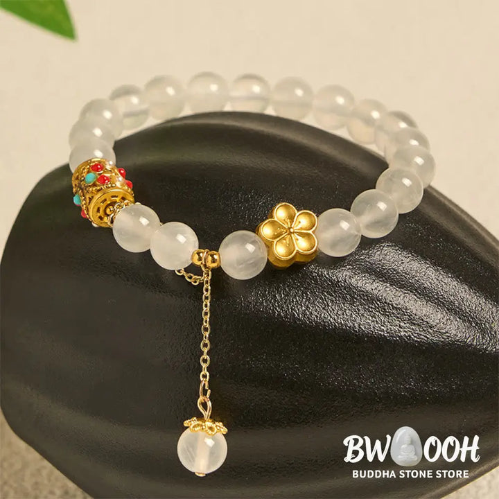 Buddha Stones Tibetan White Agate Crystal Stone Flowers Positivity Bracelet - Bracelet