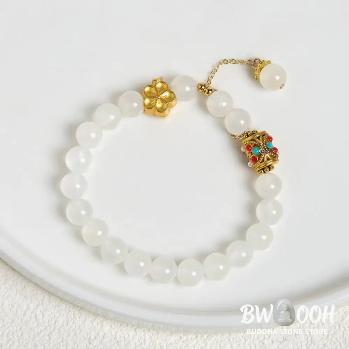 Buddha Stones Tibetan White Agate Crystal Stone Flowers Positivity Bracelet - Bracelet